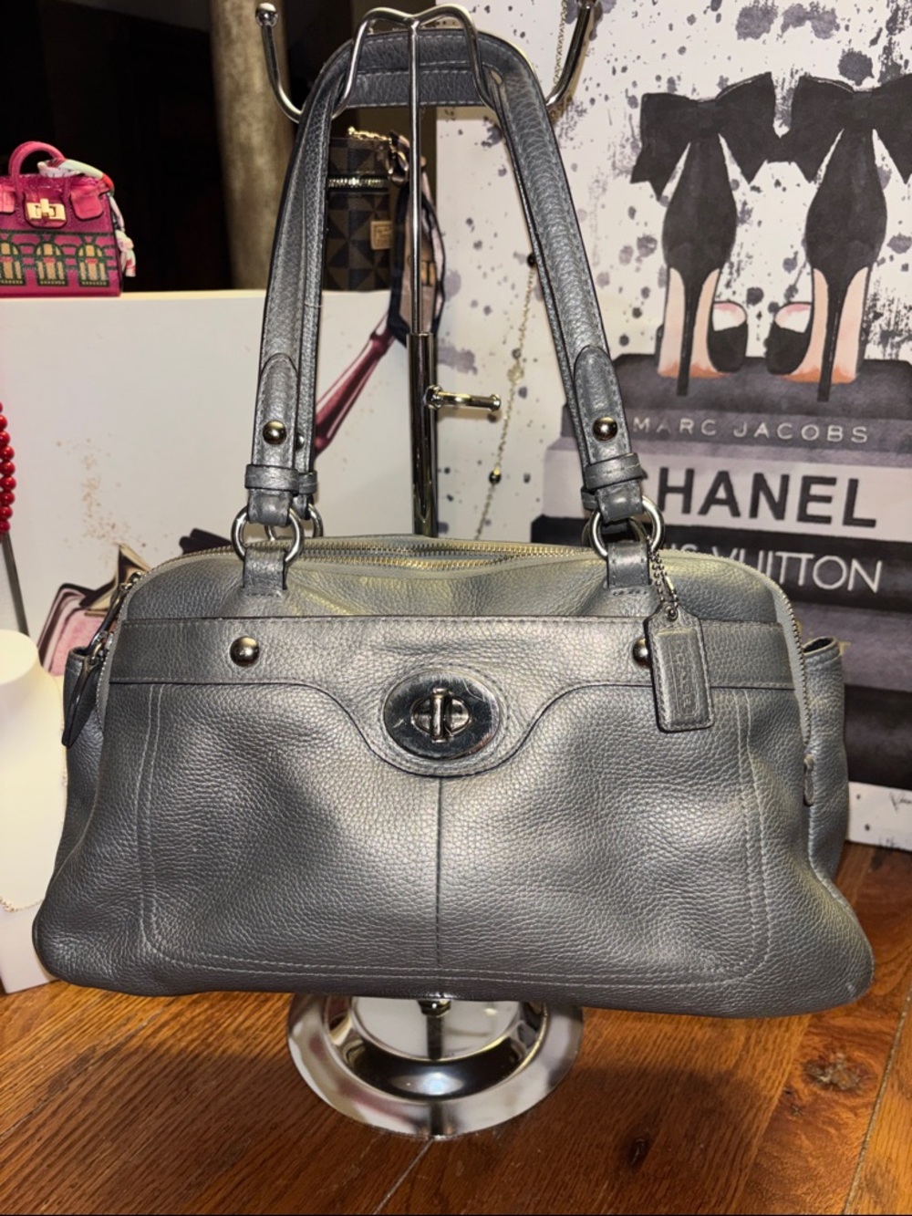 Coach Madison Maggie Gray Pebbled Leather Satchel  Turnlock Shoulder Bag COA
